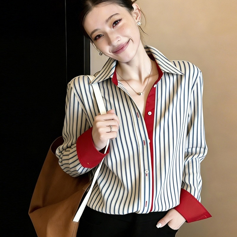 Chemisiers vintage pour femmes, chemises rayées décontractées, vêtements amples tendance printemps/été, hauts à manches longues pour femmes