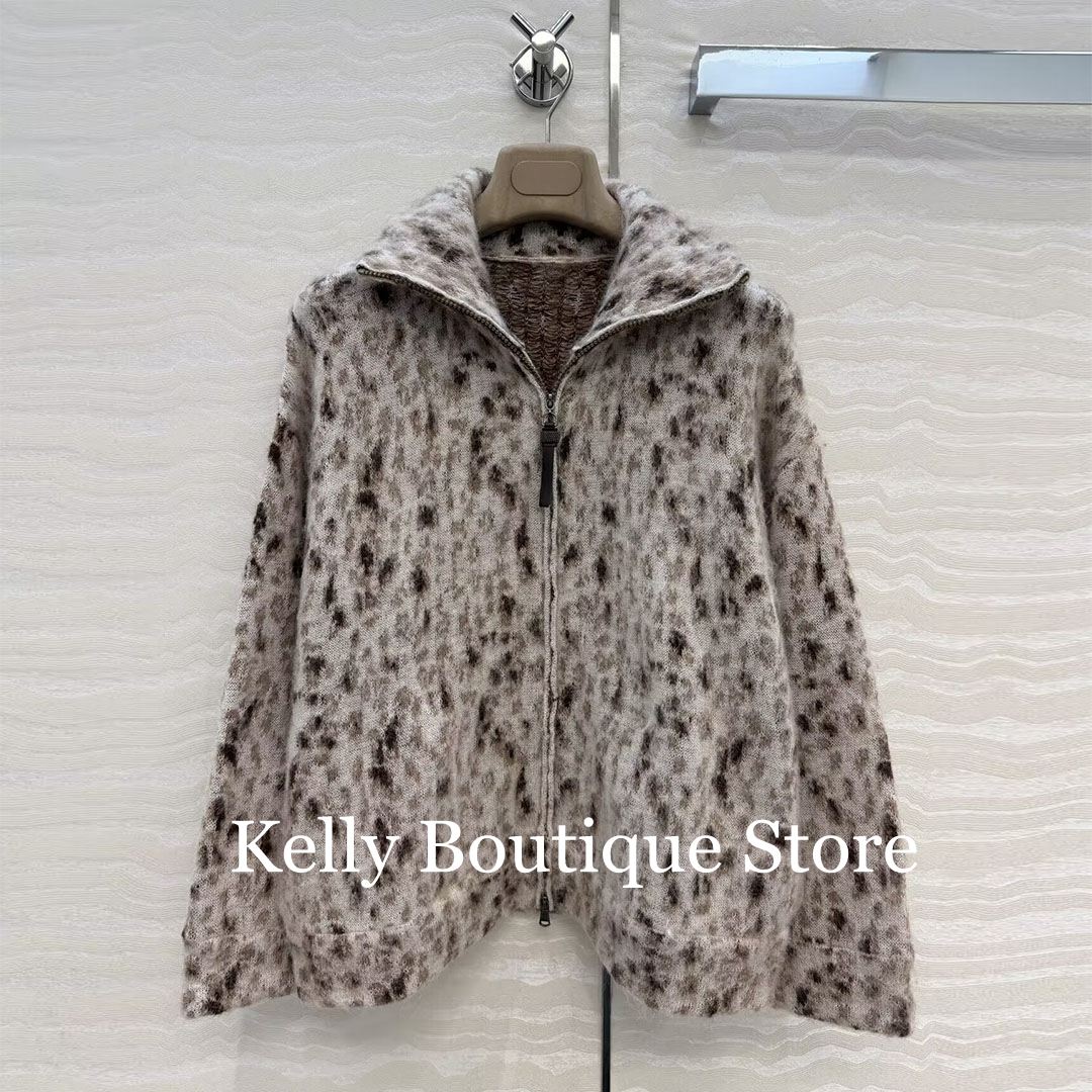 Cardigan zippé en laine mohair douce à motif léopard, style « Old Money » de luxe, pour femme, col à revers, manches longues, pull décontracté et confortable