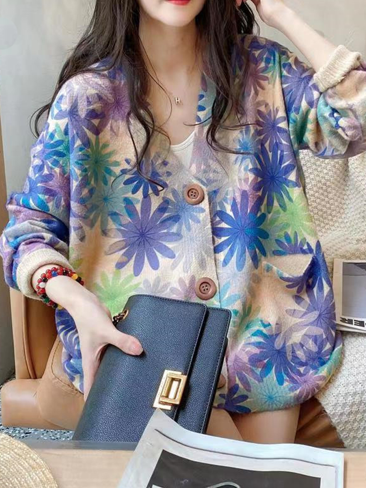 Cardigan imprimé pour femme, pull tricoté, mode coréenne, hauts à manches longues, col en V, ample, automne printemps