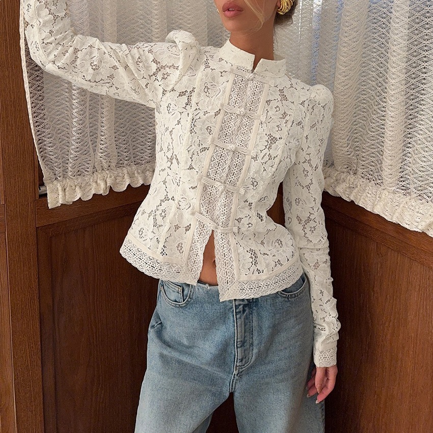 HOUZHOU Blouses élégantes pour femmes en dentelle florale à col montant, chemises ajustées blanches et noires, hauts à manches longues ajourés pour femme
