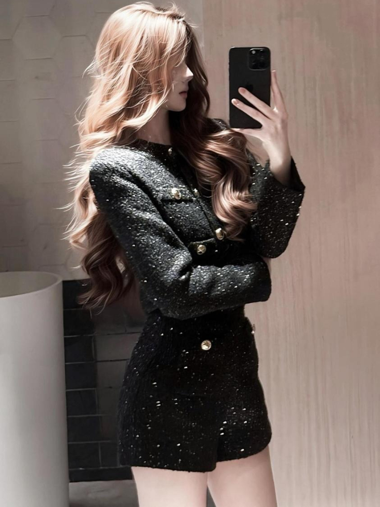Mode coréenne élégant 2 pièces ensemble femmes noir brillant Tweed veste courte + taille haute Tweed Shorts français décontracté Chic tenue