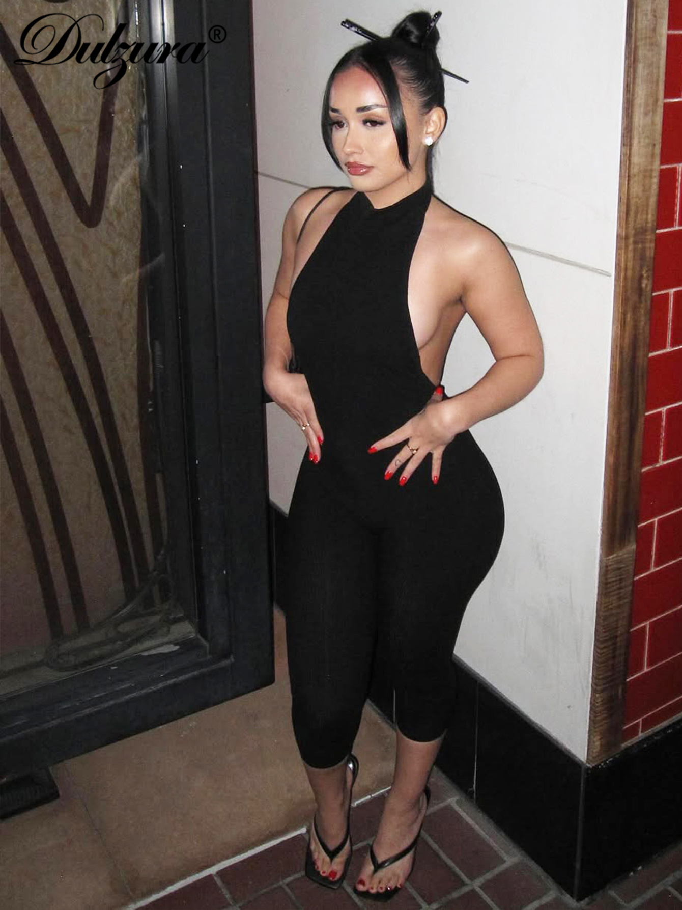 Dulzura femmes licou sans manches dos nu côtelé simple boutonnage combinaison solide Sexy barboteuse décontractée fête Club vêtements de rue