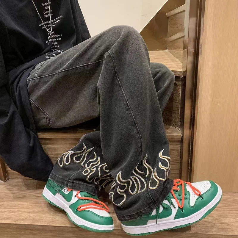 Jean à Jambes Larges pour Homme, Vêtement en Denim, avec Broderie de Flamme, Style Baggy Hip Hop, Décontracté, à la Mode, 2023