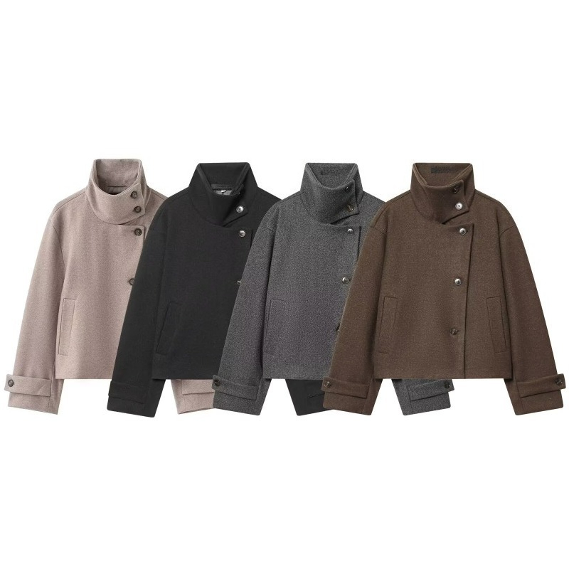 Manteau d'automne à col montant pour femme, élégant, à manches longues, simple boutonnage, style français, couleur unie, vêtement d'extérieur tendance