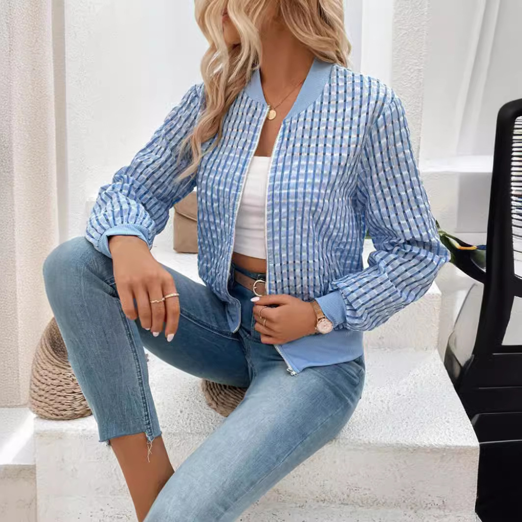 Manteau fin blanc pour femme, manches longues, fermeture éclair, grille décorative, col rond, cardigan décontracté pour femme, veste imprimée, automne, nouveau, 2024