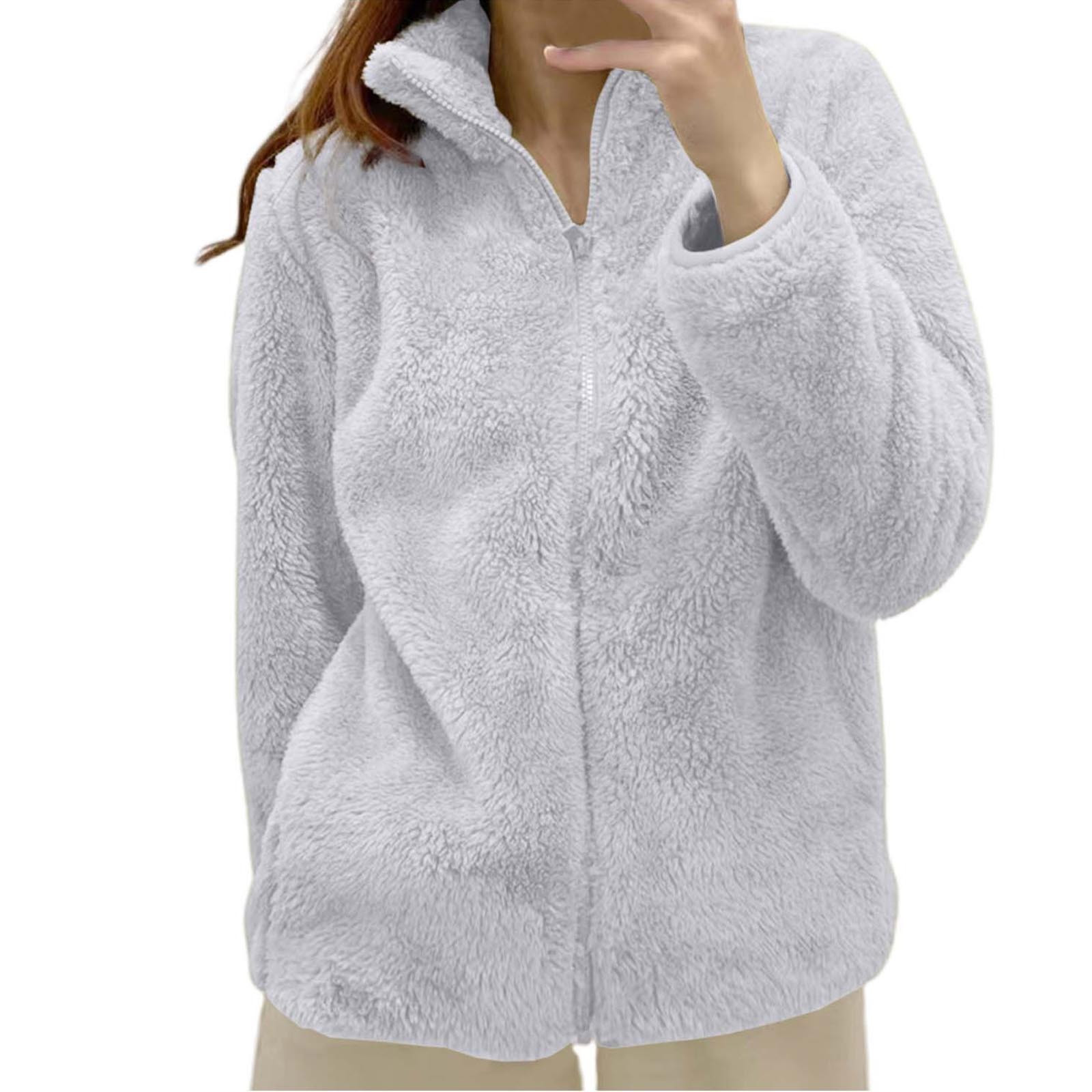Veste en laine d'agneau avec poches pour femme, veste longue en peluche, fermeture éclair polaire, fermeture éclair chaude, vêtements d'extérieur féminins, cardigan décontracté, sourire, document solide