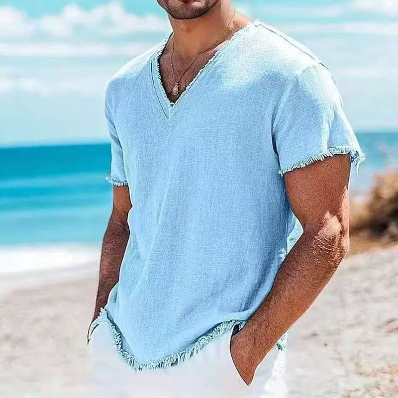 Mode d'été hommes coton lin chemises Vintage solide décontracté ample gland hauts col en v T-shirts à manches courtes T-shirts chemises pour homme