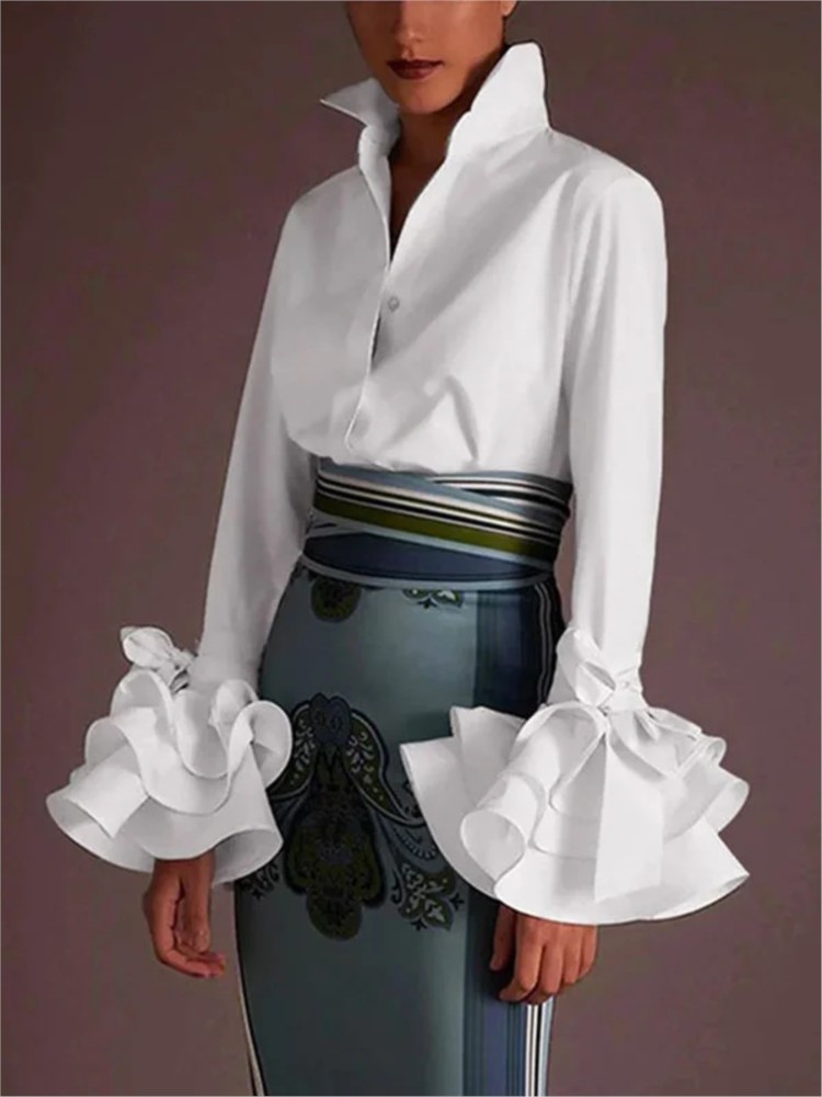 Chemises et blouses pour femmes, élégantes, manches évasées, blouses à volants, hauts, printemps, automne, décontractées, unies, chemises de bureau à col boutonné, hauts