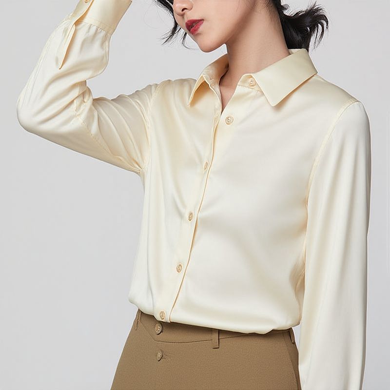 Chemise en soie pour femme, chemisier en Satin à manches longues, chemisier en soie de mûrier de 19mm, chemise ample et polyvalente, 95% soie naturelle + 5% élasthanne