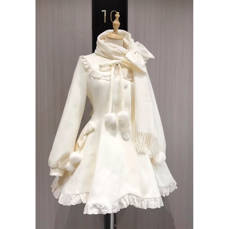 Manteau en laine mi-long avec nœud mignon japonais Kawaii, col en fausse fourrure, veste en laine pour filles et femmes, pardessus chaud d'hiver