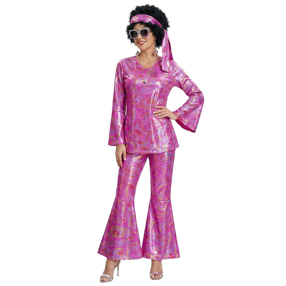 Ensemble de tenue de fête disco pour femmes, costume d'Halloween, haut et pantalon avec lunettes de soleil, collier, boucles d'oreilles, perruque