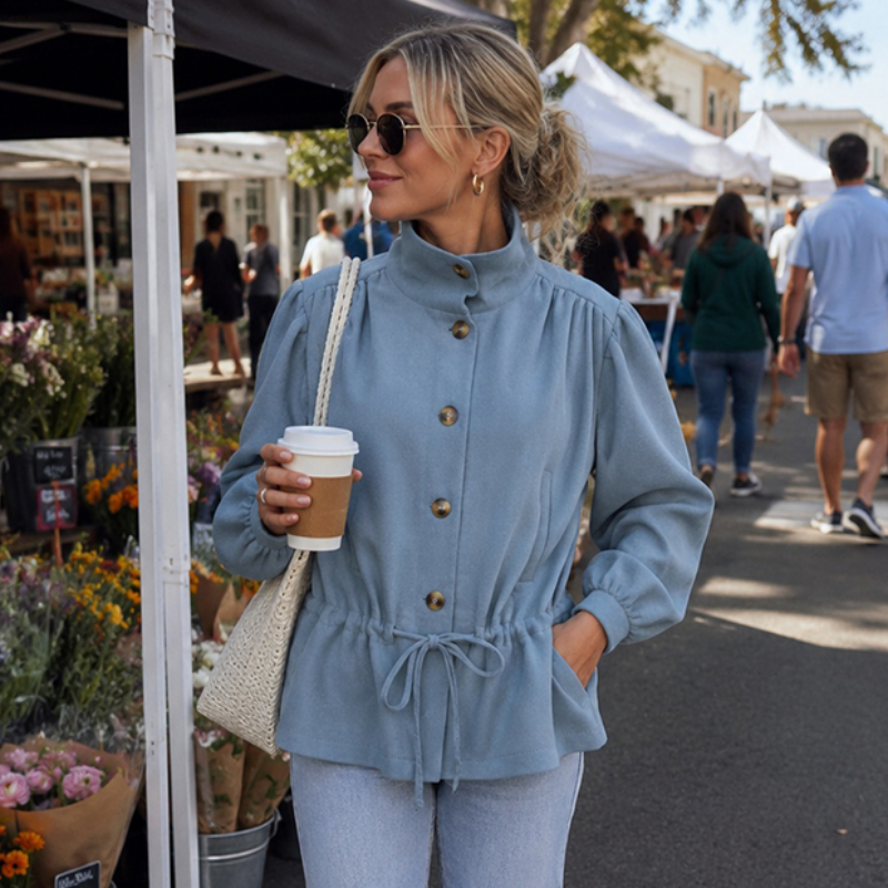 Manteau élégant pour femme, cintré, col montant, simple boutonnage, manches bouffantes, veste décontractée chic pour le quotidien et les trajets, nouvelle collection automne 2026