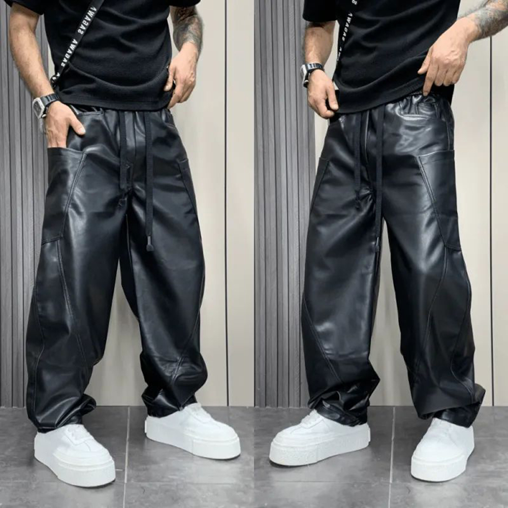 Pantalon en cuir PU multi-poches pour hommes, Streetwear, Hip-Hop américain, All-Match, Document solide, Simple, Pantalon décontracté, Vêtements pour hommes