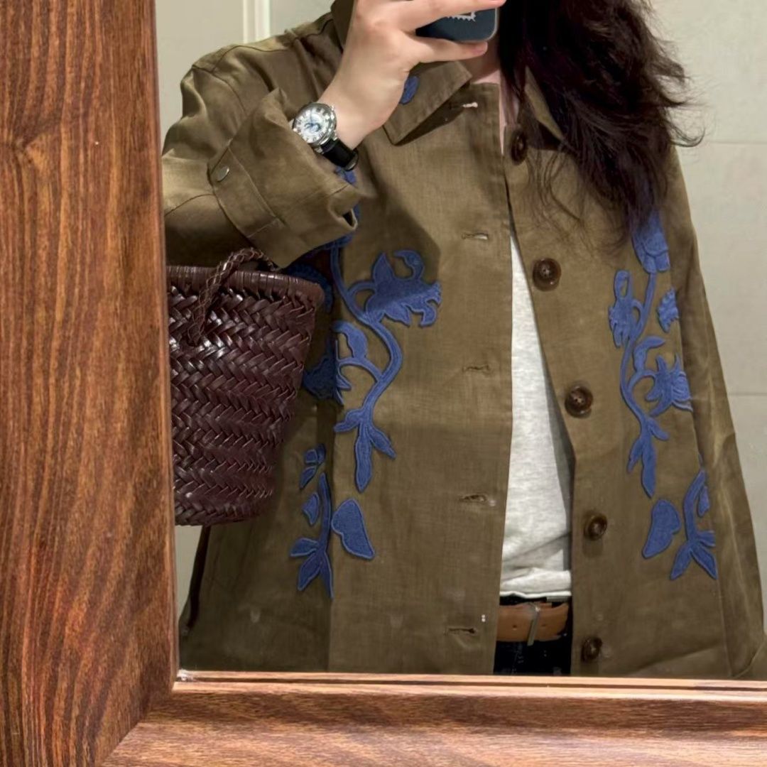 Chemisier de printemps pour femme, style vintage, broderie florale contrastante, veste cardigan ample et polyvalente