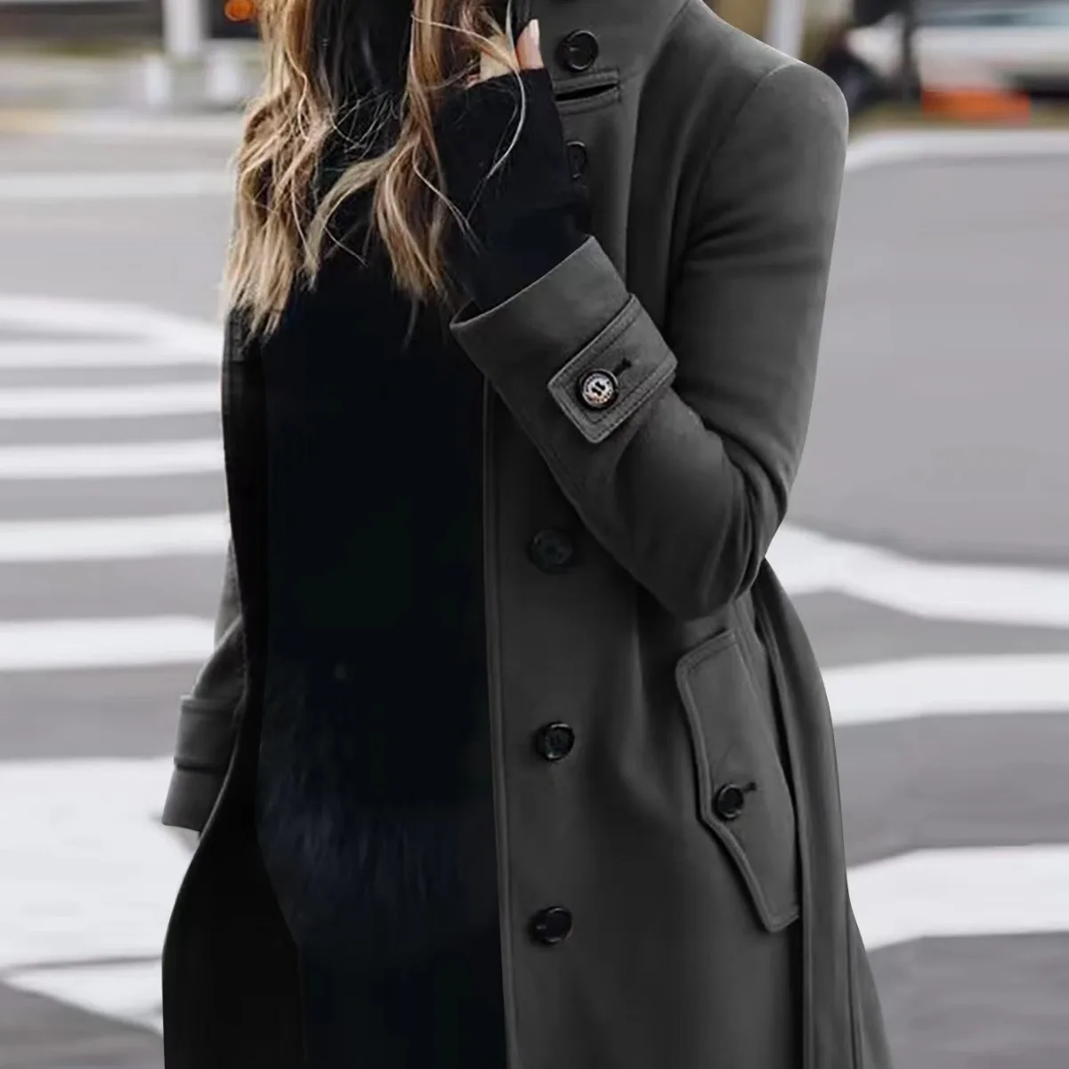 Femmes automne hiver laine manteau mélanges pardessus couleur unie bouton col roulé à manches longues décontracté mode hiver manteau régulier
