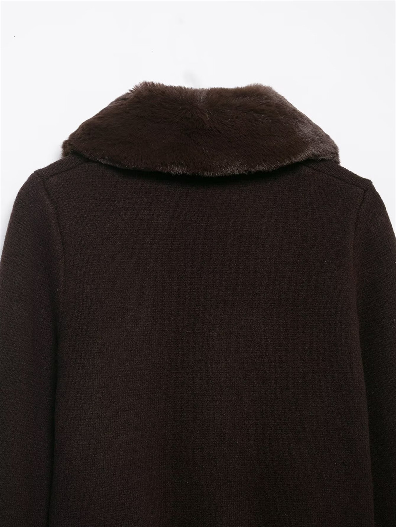 Veste femme 2025 automne nouveau Style marron foncé à manches longues col en fausse fourrure tricot Cardigan veste élégante et élégante