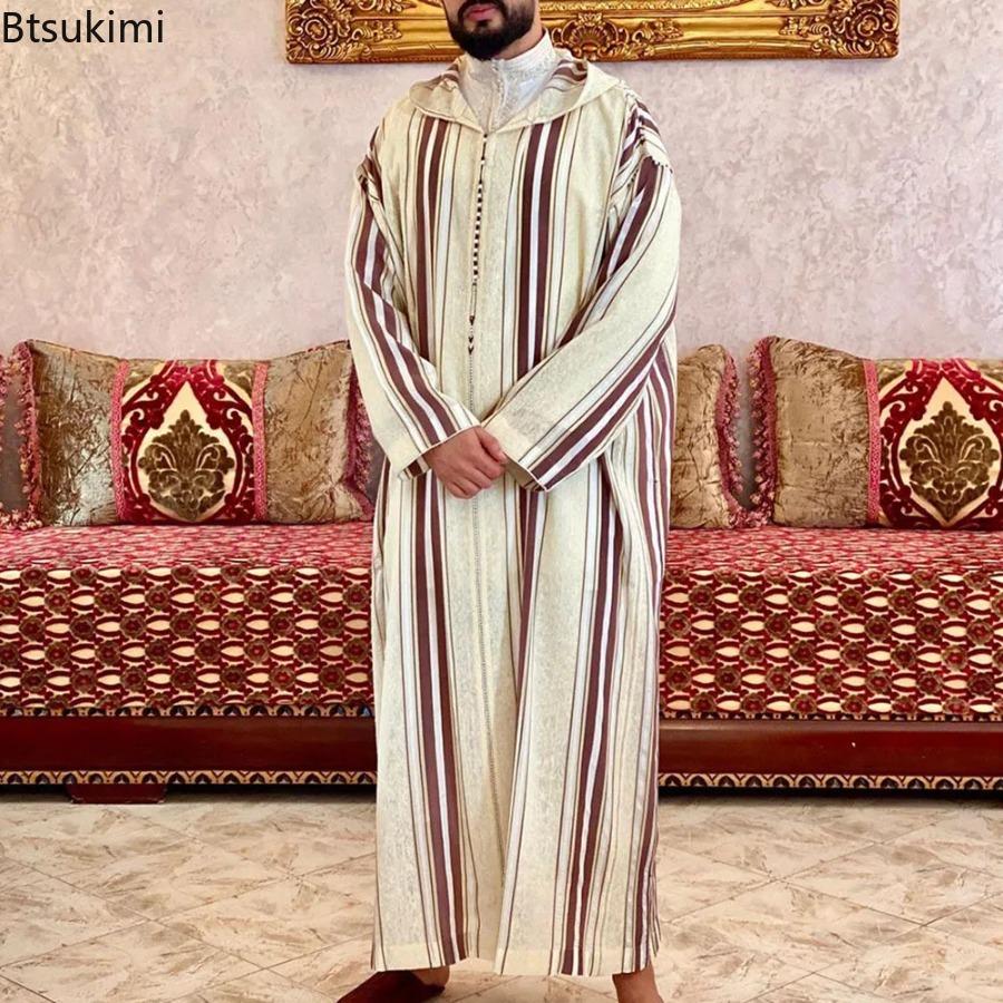 Abayas musulmans pour hommes, Vintage, longues Robes décontractées, vêtements islamiques arabes, chemise ample rayée, Jubba Thobe, robe saoudienne du moyen-orient, 2026