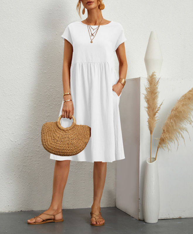 Robe en coton et lin pour femmes, tenue d'été décontractée avec poches d'épissure, vêtements féminins à la mode, manches courtes, ample, mi-longue
