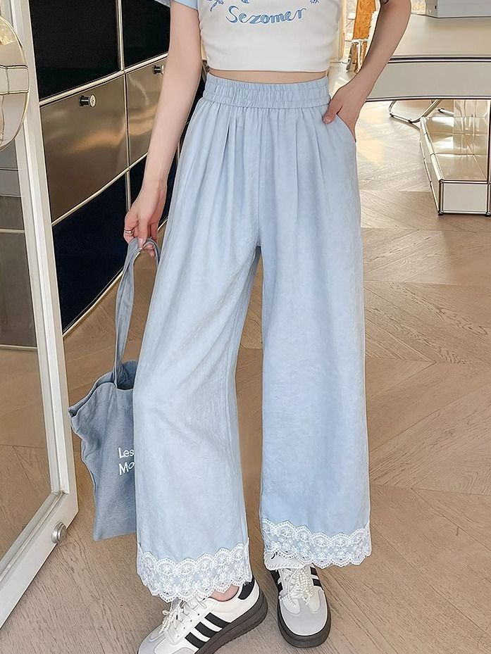 Pantalon droit ample en dentelle pour femmes, en soie glacée, décontracté et polyvalent, à neuf points, été