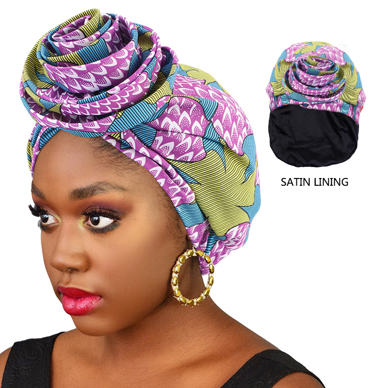 Chapeau turban doublé en satin imprimé africain pour femme, casquettes ethniques multifonctions à tête ronde, toutes sortes de fleurs, mode populaire
