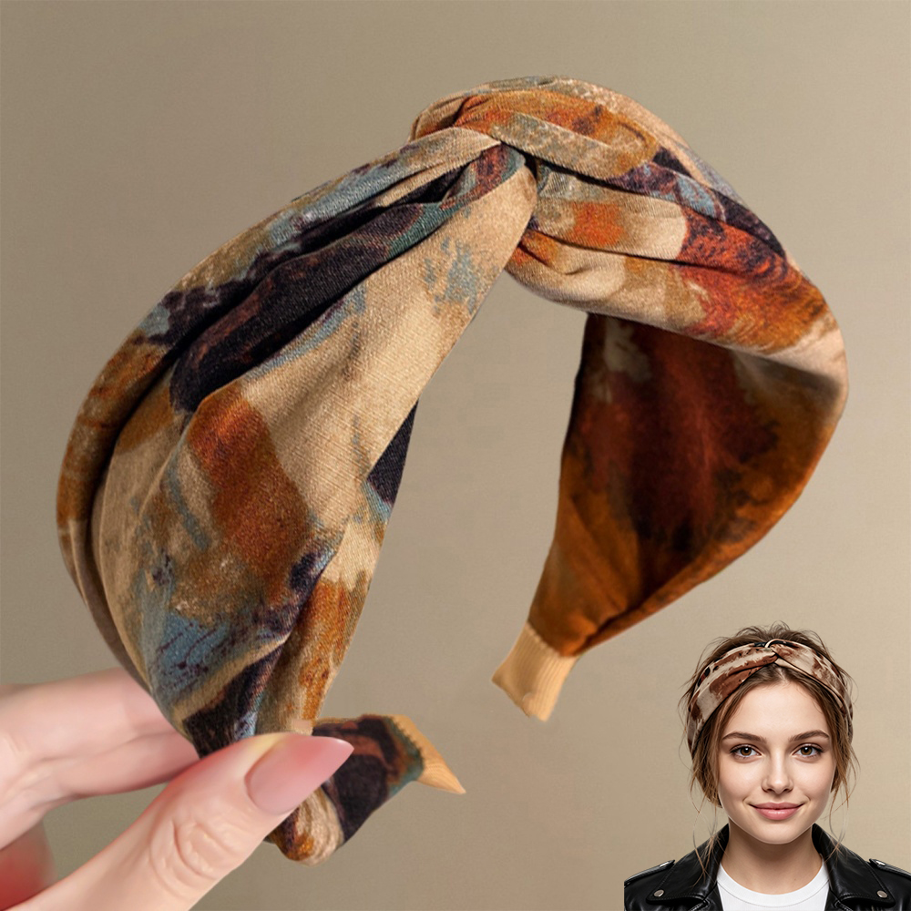 Bandeau noué à imprimé feuille style peinture à l'huile rétro, bandeau large turban tendance pour femmes, décorations capillaires vintage élégantes pour filles