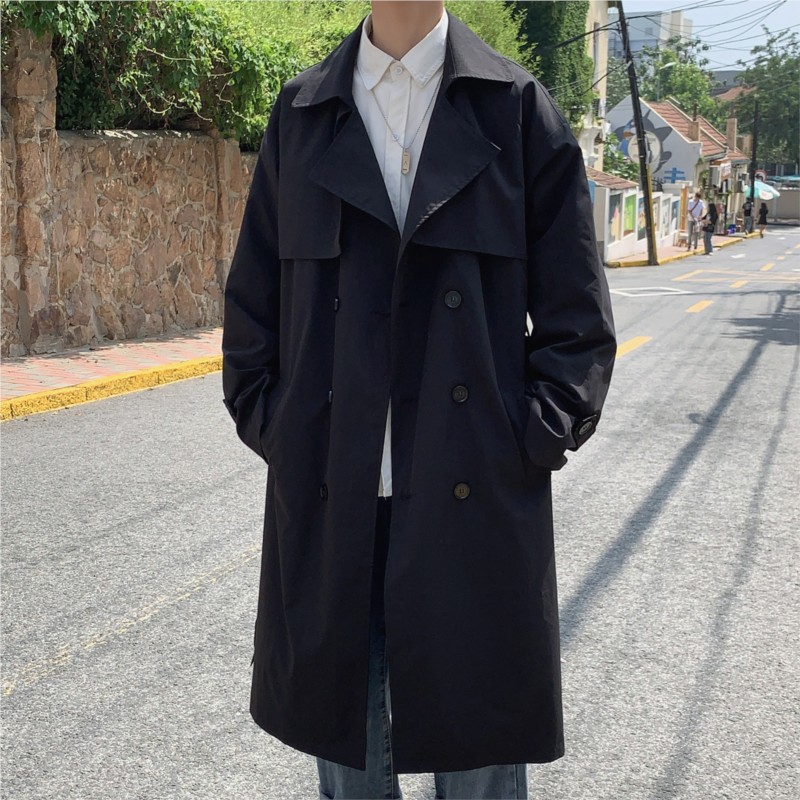 Manteau Trench Automne Style Coréen pour Homme 2025 – Coupe-Vent Streetwear Décontracté et Élégant pour Homme – Manteau Long Ample Uni pour Affaires et Loisirs