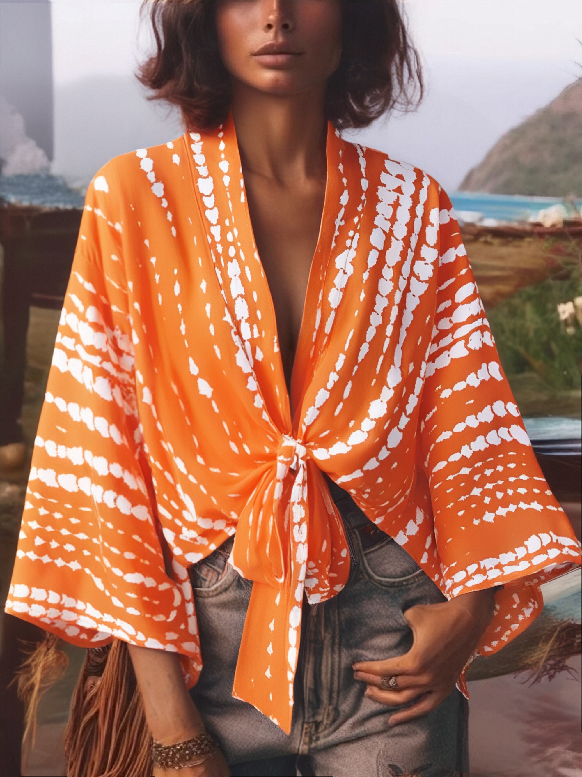 Kimono à manches chauve-souris pour femme, robe courte, style bohème, vêtement de plage