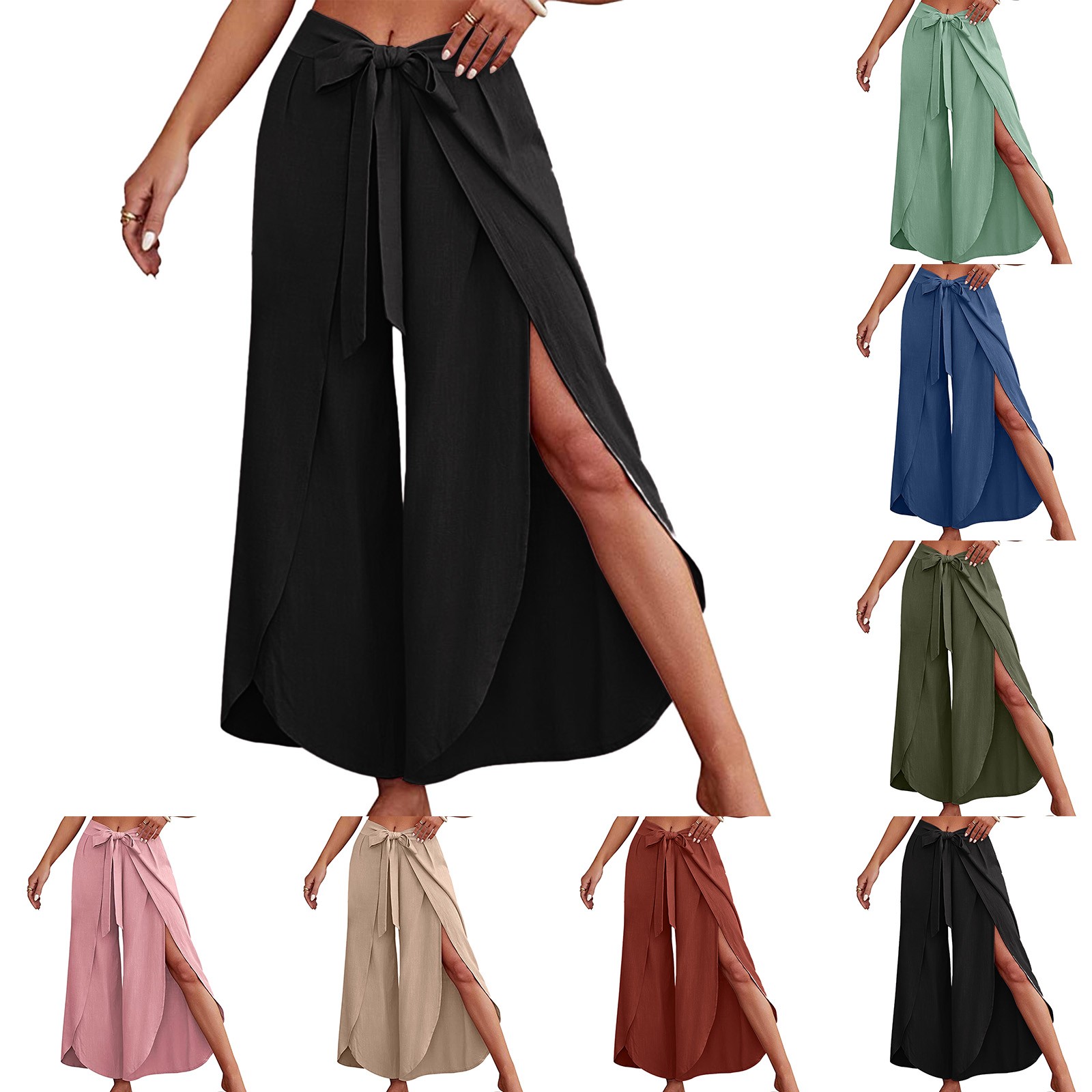 Boho femmes taille haute Palazzo pantalon été plage pantalon solide fluide pantalon fendu à lacets jambe large pantalon pantalons De Mujer