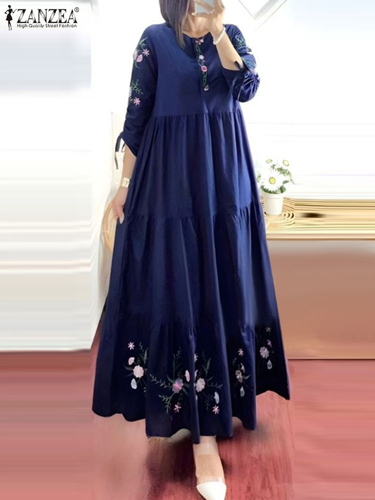 ZANZEA-Robe musulmane à volants pour femmes, Robe maxi, Robe de soirée élégante, Robe d'été imprimée florale, Mode féminine, Abaya, Caftan, Décontracté, Respzed