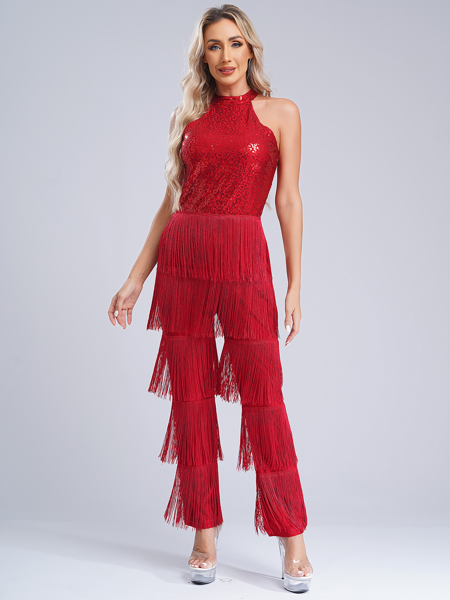 Combinaison de danse latine à franges pour femmes, robe de danse salsa, robes de danse tango samba rumba, paillettes sexy, barboteuses à pompons à plusieurs niveaux