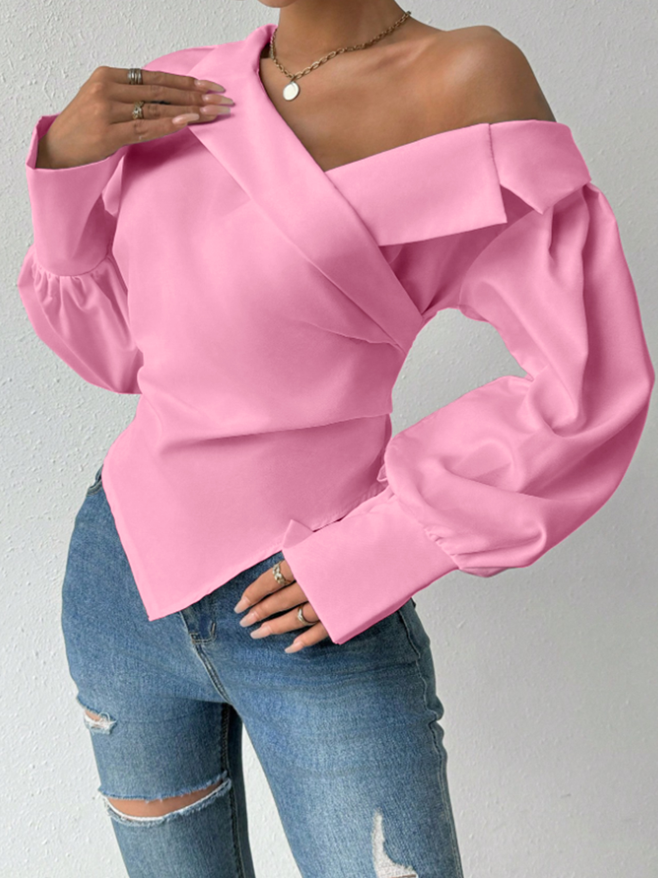 T-Shirt femme printemps été rose épaules dénudées manches longues croisé devant ourlet asymétrique élégant quotidien décontracté haut de rencontre