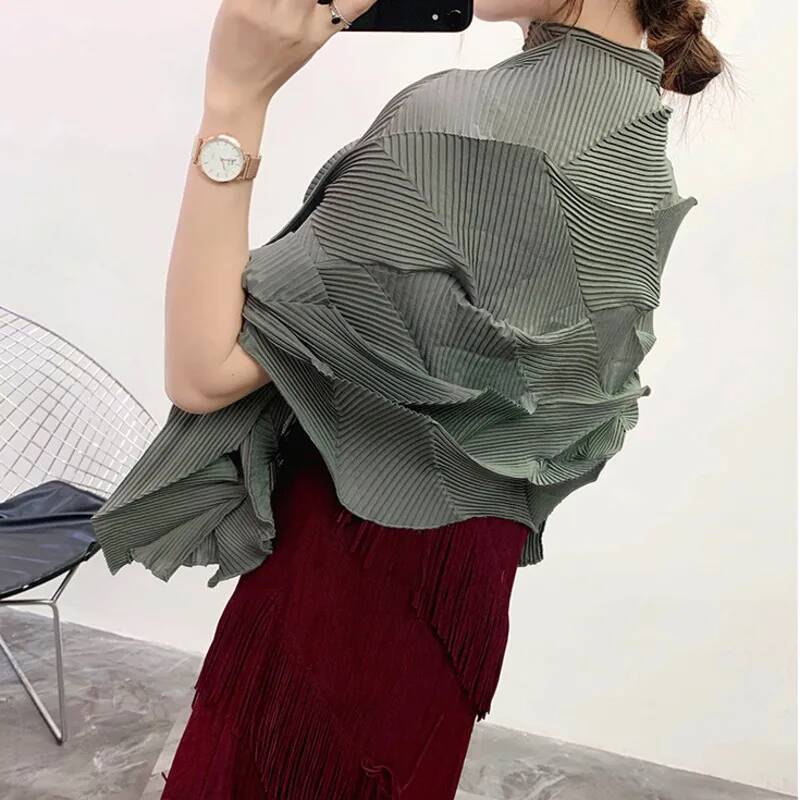 LANMREM plissé à la mode femmes écharpe couleur unie irrégulière élastique décontracté châle crème solaire vêtements tous les accessoires assortis 2DA3694