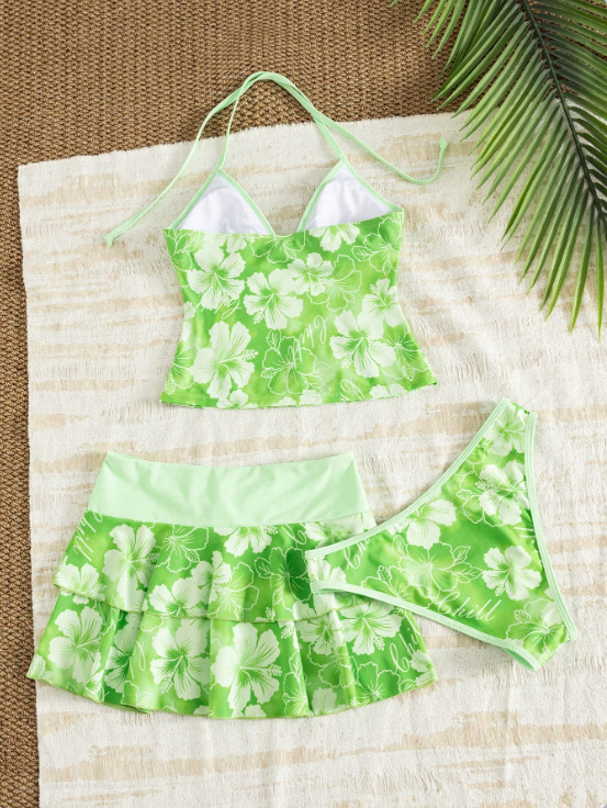 Ensemble Tankini 3 Pièces Floral pour Femme : Haut Halter, Culotte Bikini et Jupe de Bain à Volants Superposés avec Cordon de Serrage – Maillot de Bain Tropical pour la Plage