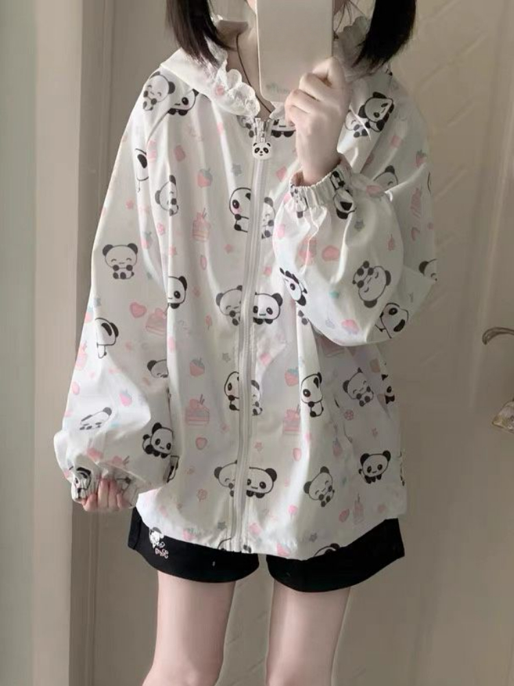 Vestes japonaises imprimées de dessins animés Kawaii, amples, Protection solaire décontractée Y2k, hauts en dentelle Patchwork, manteaux à capuche Preppy Grunge pour femmes