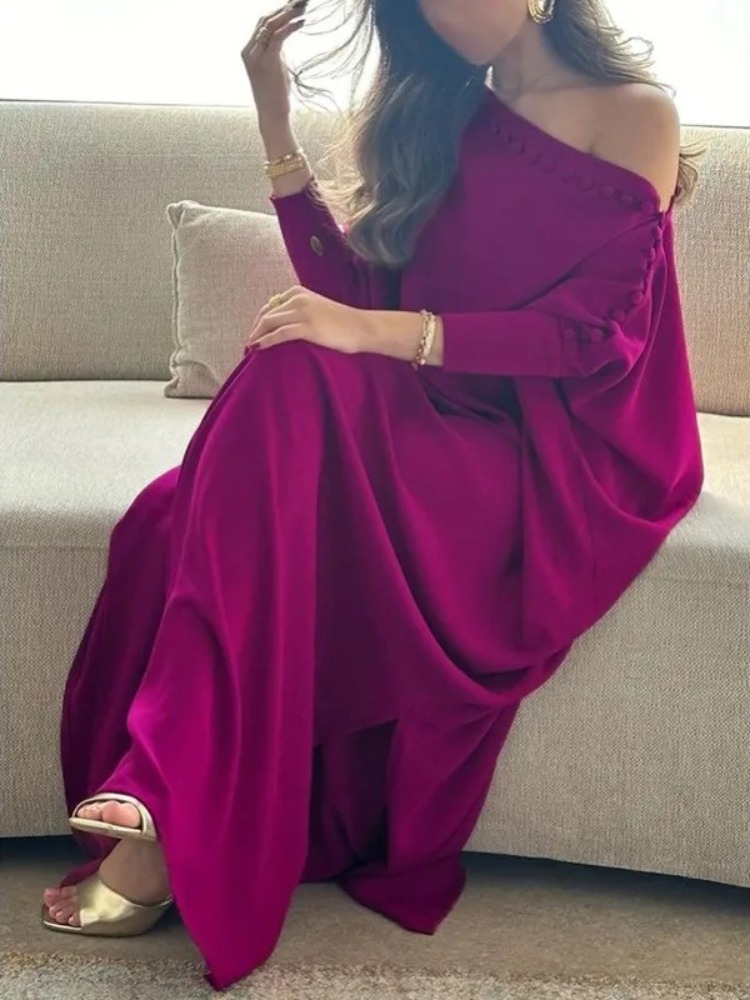 Robe Abaya Musulmane Femme 2026 – 5 Couleurs, Coupe Ample H-Line, Épaule Unique, Manches Chauve-Souris, Fente, Robe Longue Maxi Islamique Modeste