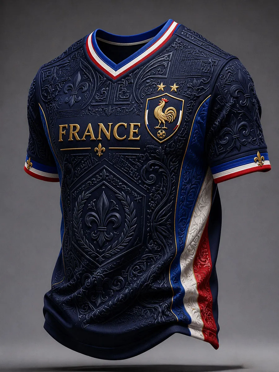Maillot de football style français pour hommes et femmes, t-shirt à motif imprimé 3D, haut à manches courtes, séchage rapide, respirant, décontracté, pour l'extérieur, vêtements d'été