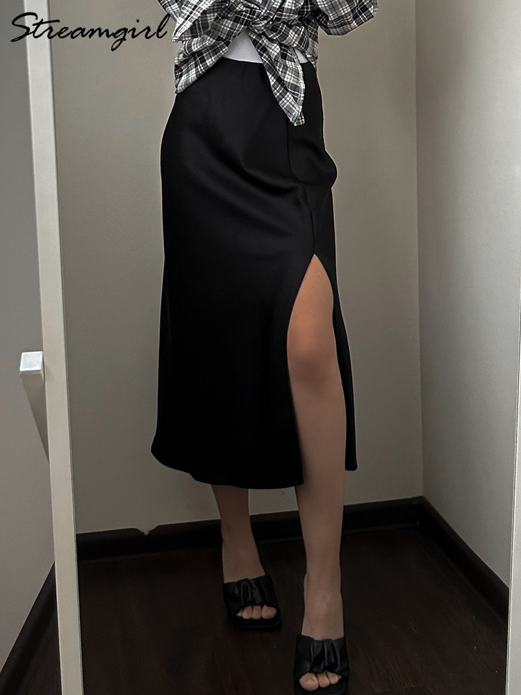 Jupe mi-longue en satin noir pour femme, taille élastique, fendue, bureau, ligne A, haute qualité