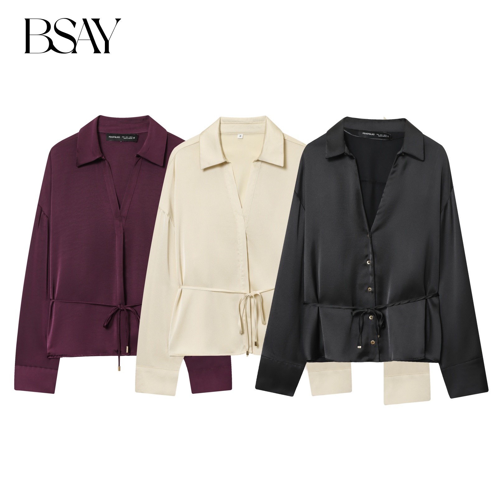 BSAY chemise en satin vêtements pour femmes 2025 automne nouveau noeud ceinture bouton à manches longues blouses chic bureau dames hauts mujer
