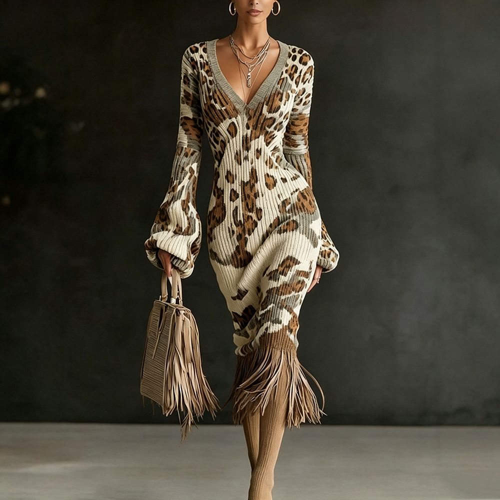 Robe longue chic en maille pour femme, imprimé camouflage vintage, col en V élégant, taille haute, manches longues évasées, coupe ajustée, ourlet à franges