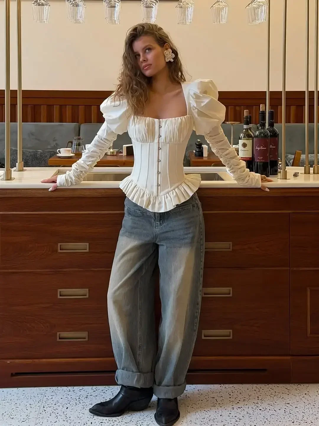 Chemisier chic plissé à motif arête de poisson pour femme, décontracté, col carré, manches bouffantes longues, dos nu, coupe ajustée, 2026, hauts de soirée pour club