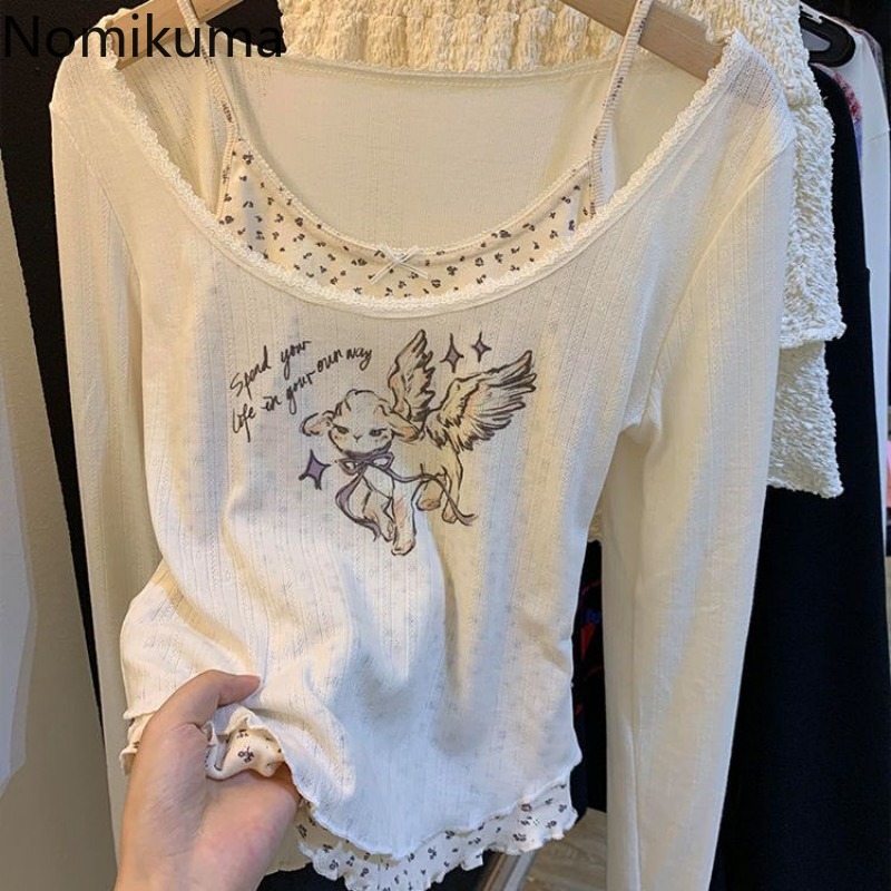 Femmes vêtements coréen t-shirts faux deux tuniques t-shirts dentelle impression mode t-shirts culture hauts décontracté doux Camisetas Ropa Mujer 2025
