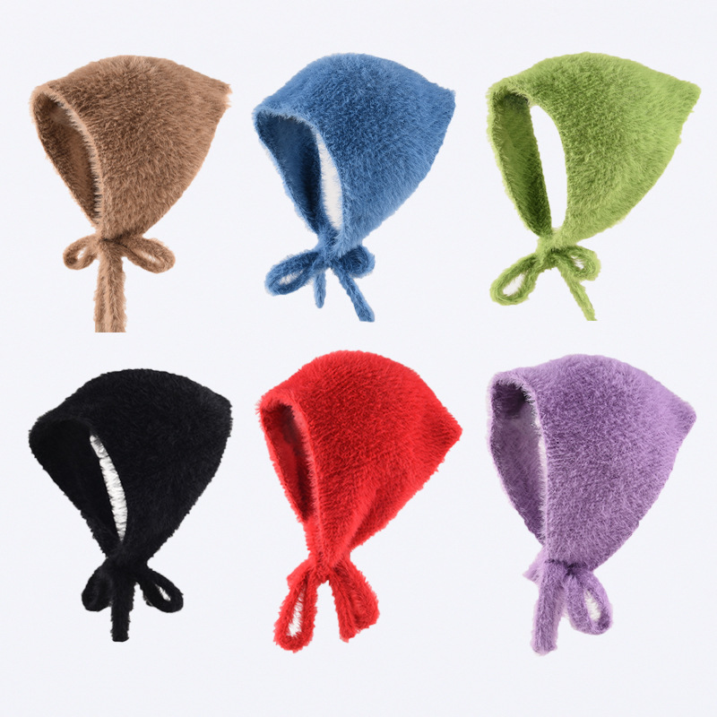 Foulard de style français pour femmes en automne et en hiver, chaud, peluche, fil tricoté, écharpe triangulaire, cravate mignonne, cravate, bandeau, chapeau