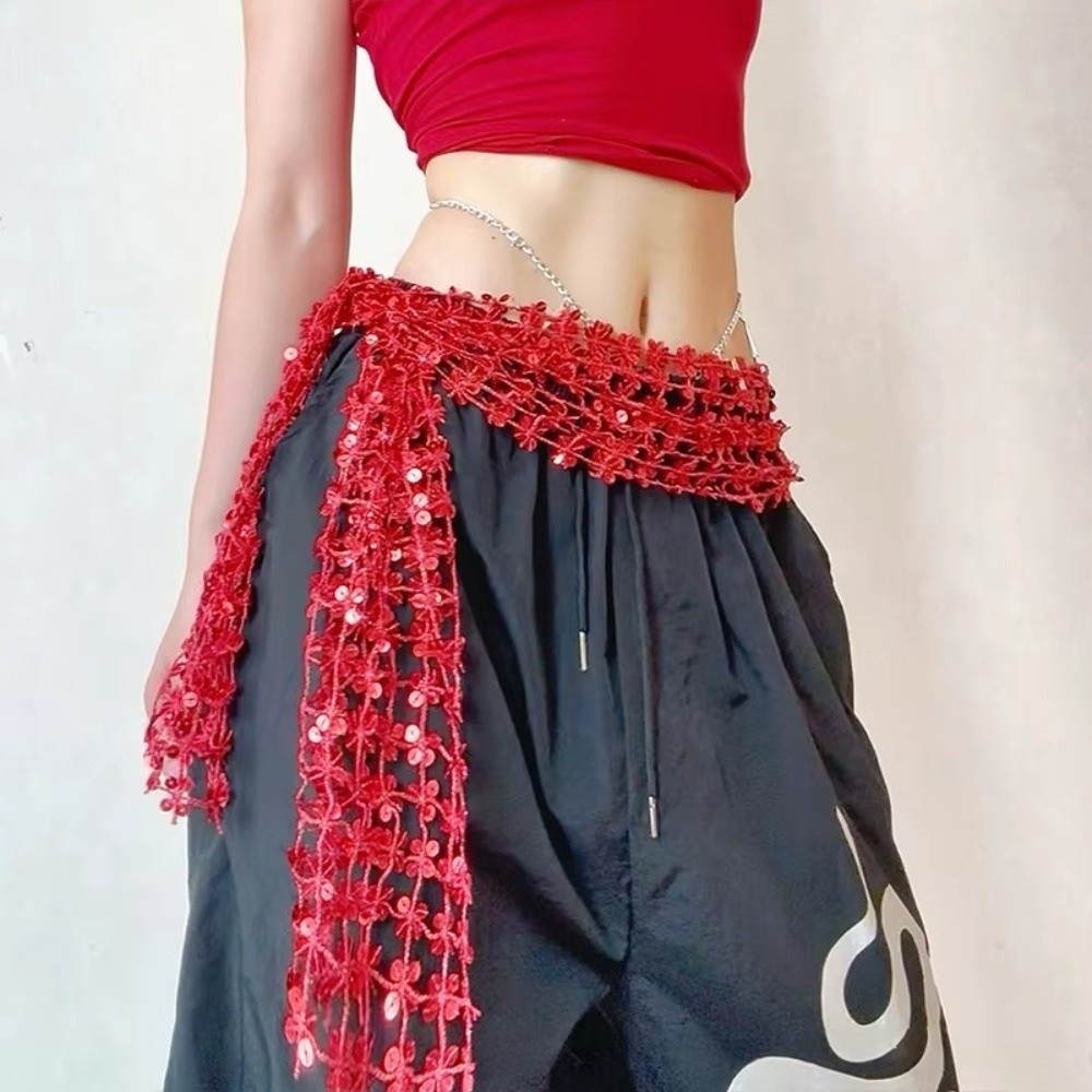 Ceinture de danse ajustable style hip-hop avec pompons et sequins brillants, jupe enveloppante