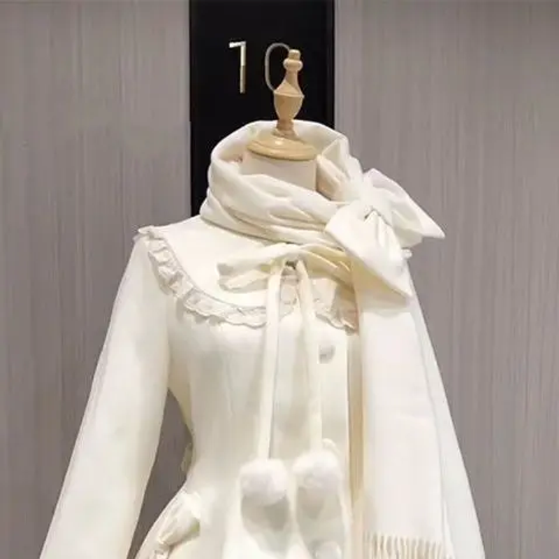 Manteau en laine mi-long avec nœud mignon japonais Kawaii, col en fausse fourrure, veste en laine pour filles et femmes, pardessus chaud d'hiver