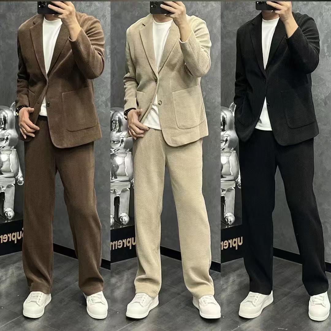 Costume en velours côtelé vintage pour homme, vêtements de travail décontractés, veste de sport, coupe classique, blazer, pantalon, ensemble deux pièces