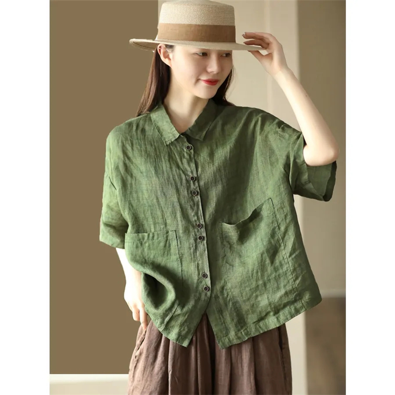 Chemisier femme 2025 printemps été couleur unie ample coton et lin dames hauts tempérament lin respirant dame chemise décontractée