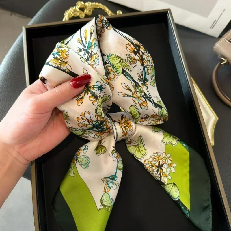 Foulards en soie pour femmes, foulard carré de luxe en soie à carreaux pour filles, bandeau en satin pour le cou et les cheveux, foulard doux pour le travail, hijab