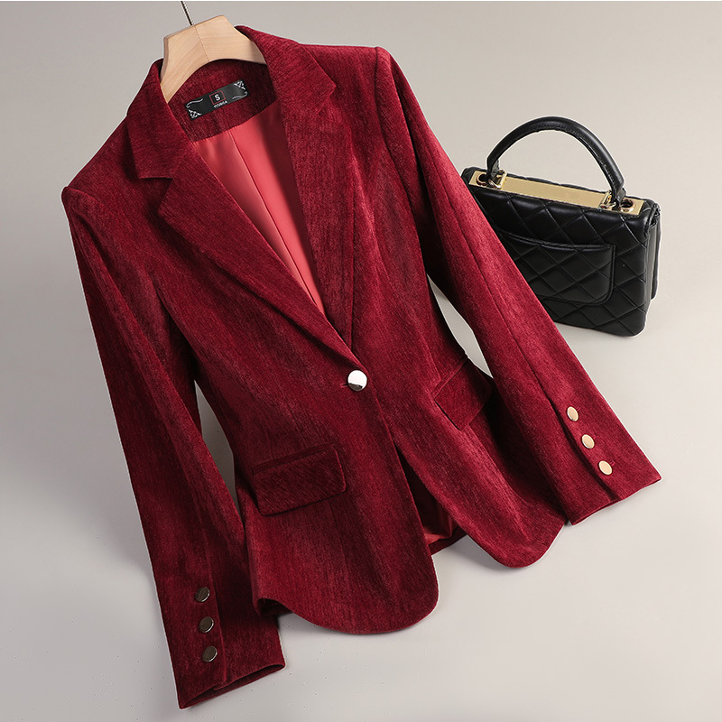 Blazer en velours jaune or pour femme – Collection Automne Hiver – Tenue décontractée et élégante pour le bureau – Veste de travail formelle