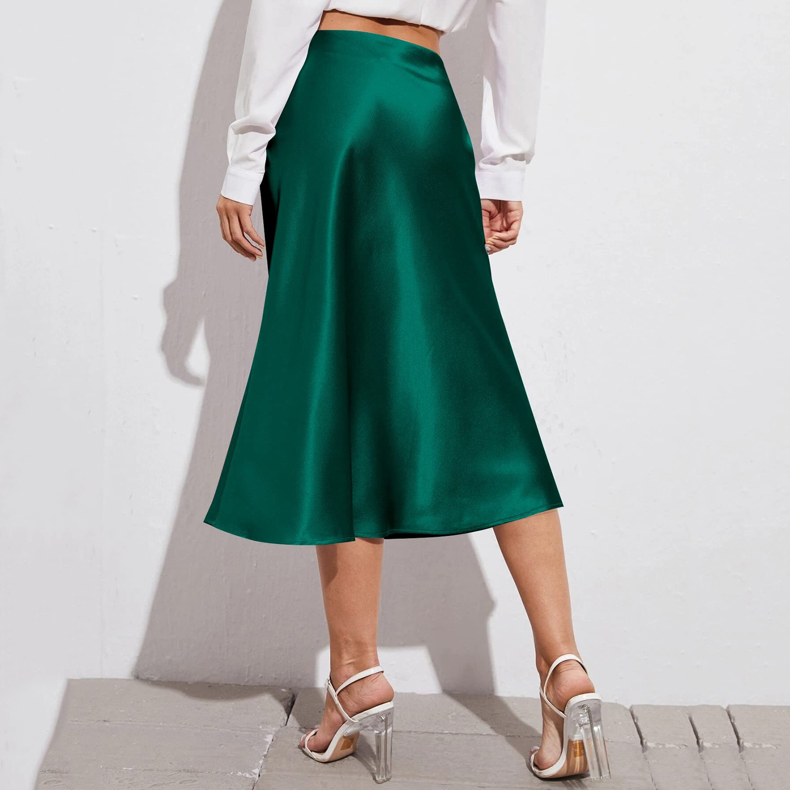 Jupe élégante en Satin de soie pour femmes, taille haute, mi-longue, couleur unie, pour le travail au bureau, jupe formelle brillante pour dames d'affaires
