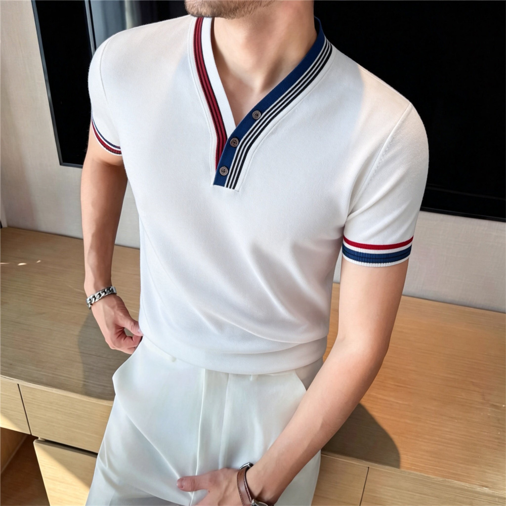 T-shirts en tricot élastique de luxe pour hommes, col en V élégant, coupe ajustée, hauts décontractés et tendance pour l'été, vêtements streetwear pour hommes